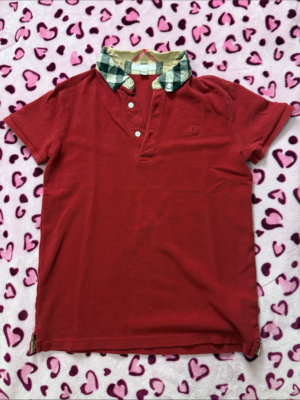 Burberry Kids Red Polo with Signature Check Trim Collar